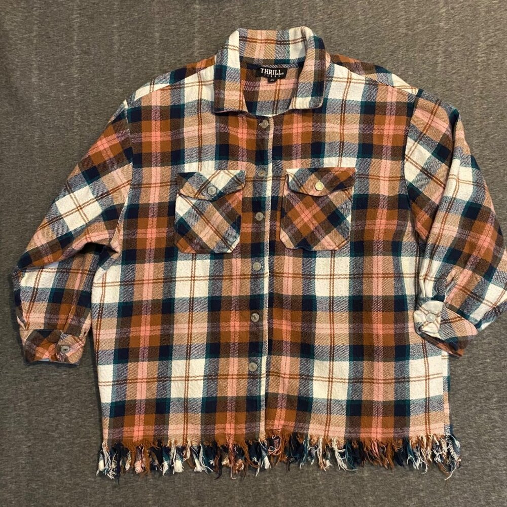 Thrill‎ Jeans Shacket Womens 2X Plaid Flannel Shirt Fringe Hem Snap Button Up